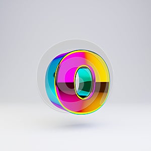 Holographic 3d letter O lowercase. Glossy font with multicolor reflections and shadow isolated on white background