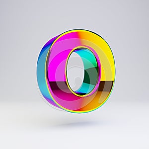Holographic 3d letter O uppercase. Glossy font with multicolor reflections and shadow isolated on white background
