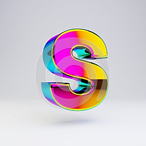 Holographic 3d letter S uppercase. Glossy font with multicolor reflections and shadow isolated on white background