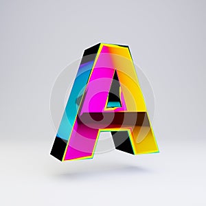 Holographic 3d letter A uppercase. Glossy font with multicolor reflections and shadow isolated on white background