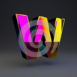 Holographic 3d letter W uppercase. Glossy font with multicolor reflections and shadow isolated on black background