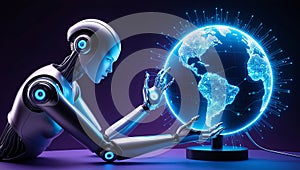 Holographic AI-powered robot analyzing a 3D globe covered in data points and circuits, symbolizing global data processing