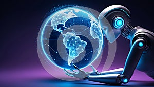 Holographic AI-powered robot analyzing a 3D globe covered in data points and circuits, symbolizing global data processing