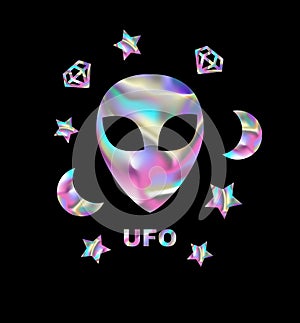 Holographic alien t-shirt design. Vector illustration.