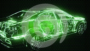 Holographic animation of 3D wireframe car model with engine