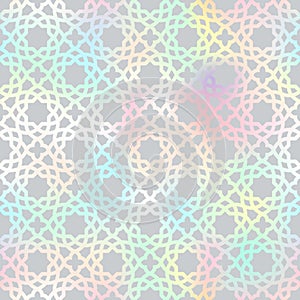 Holographic Arabic style seamless pattern. Vector shiny gradient oriental ornament on grey background. Oriental