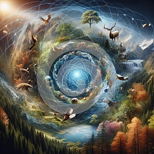 A holographic collage of nature scenes intertwining and transf photo