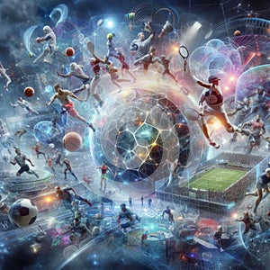 A holographic collage of various sports scenes merged into a f photo