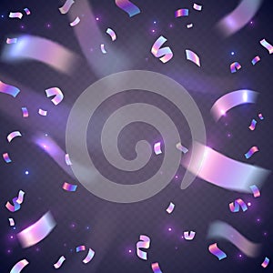 Holographic confetti. Festive neon sparkles, party carnival decor, metal foil particles explosion, rainbow iridescence photo