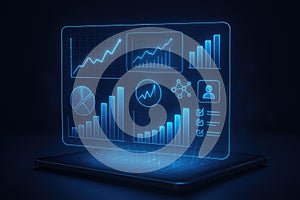 Holographic data analytics interface floating above a tablet device charts graphs