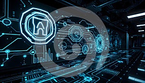 holographic data projections, AI-inspired icons, and glowing blue circuits against a sleek, dark, tech-themed background photo