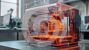 A holographic diagram of a 3D printer showcasing the inner workings of the machine and its potential for experimentation