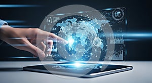 Holographic digital control panel interface projecting world data visualization