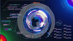 Holographic digital HUD Earth Globe user interface. Military and Space technology concept. Futuristic environment. Planet rotation