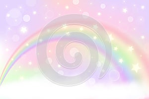 Holographic fantasy rainbow unicorn background with clouds. Pastel color sky. Magical landscape, abstract fabulous