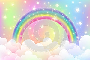 Holographic fantasy rainbow unicorn background with clouds. Pastel color sky. Magical landscape, abstract fabulous