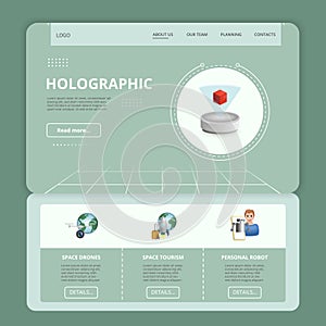 Holographic flat landing page website template. Space drones, space tourism, personal robot. Web banner with header