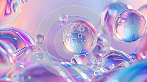 Holographic floating liquid blobs, soap bubbles, metaballs.. Abstract 3D art background.