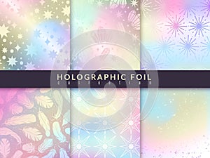 Holographic foil patterns. Trend glitter design pastel hologram textures, rainbow metallic abstract decor set. Creative