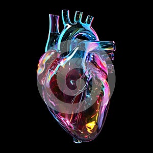 A holographic glass like translucent human heart with shining arteries and veins, black background.