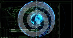 Holographic globe projecting world map and data panels in command-center, with grid markers