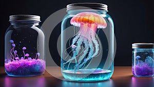 Holographic glowing jellyfish levitate in the jar