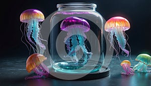 Holographic glowing jellyfish levitate in the jar