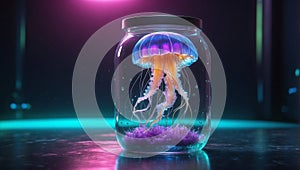 Holographic glowing jellyfish levitate in the jar