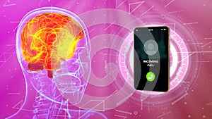 Holographic human head image with calling smartphone, brain damage by lte communication concept - medical 3D illustration