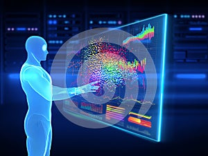 Holographic humanoid interacts with futuristic data visualization on interactive screen