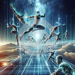 A holographic illusion of athletes performing extraordinary fe