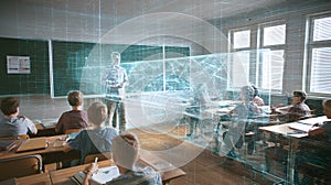 Holographic instructor teaching class of students in a digital classroom
