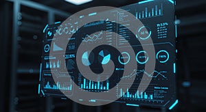 Holographic interface displaying various data visualizations in a futuristic style.