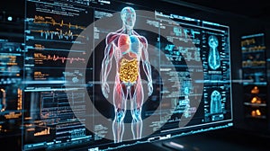 The holographic interface showcases an interactive anatomical model of a human body highlighting specific organ health photo