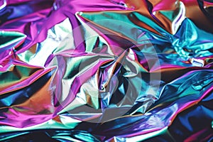 Holographic iridescent color wrinkled foil background. AI generated