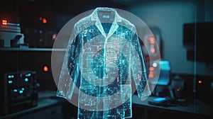 Holographic lab coat displaying circuit patterns in data lab