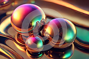 Holographic liquid glossy 3d spheres abstract background. Generative AI