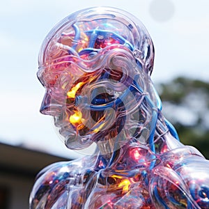 Holographic mercuric sentient cyborg made of translucent gummy molten metal