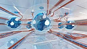 Holographic networking with interconnected data streams in cloud based tech setting, showcasing advanced technology and abstract