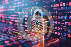 Holographic padlock amidst data streams and binary code in high-tech security setting