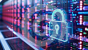 Holographic padlock amidst data streams and binary code in high-tech security setting