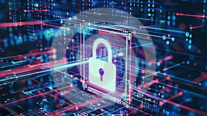 Holographic padlock amidst data streams and binary code in high-tech security setting