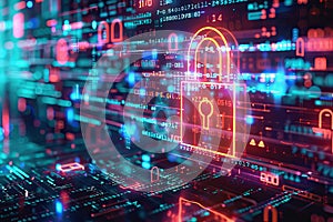 Holographic padlock amidst data streams and binary code in high-tech security setting