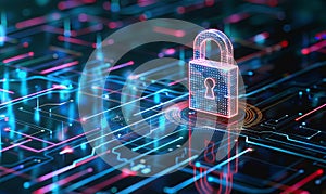 Holographic padlock amidst data streams and binary code in high-tech security setting