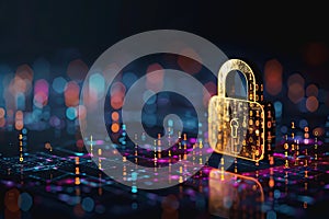 Holographic padlock amidst data streams and binary code in high-tech security setting