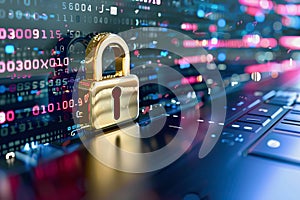 Holographic padlock amidst data streams and binary code in high-tech security setting