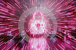Holographic padlock amidst data streams and binary code in high-tech security setting