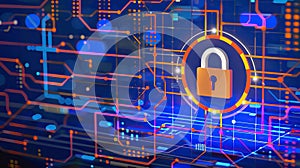 Holographic padlock amidst data streams and binary code in high-tech security setting