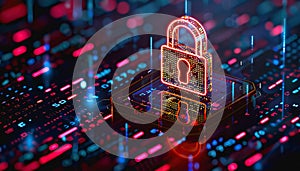 Holographic padlock amidst data streams and binary code in high-tech security setting