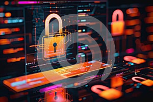 Holographic padlock amidst data streams and binary code in high-tech security setting